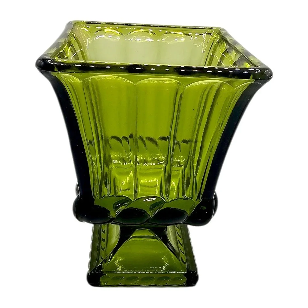 VTG 60s Heavy Olive Green Glass Rectangle Compote /Candy Dish Footed Ribbed Base